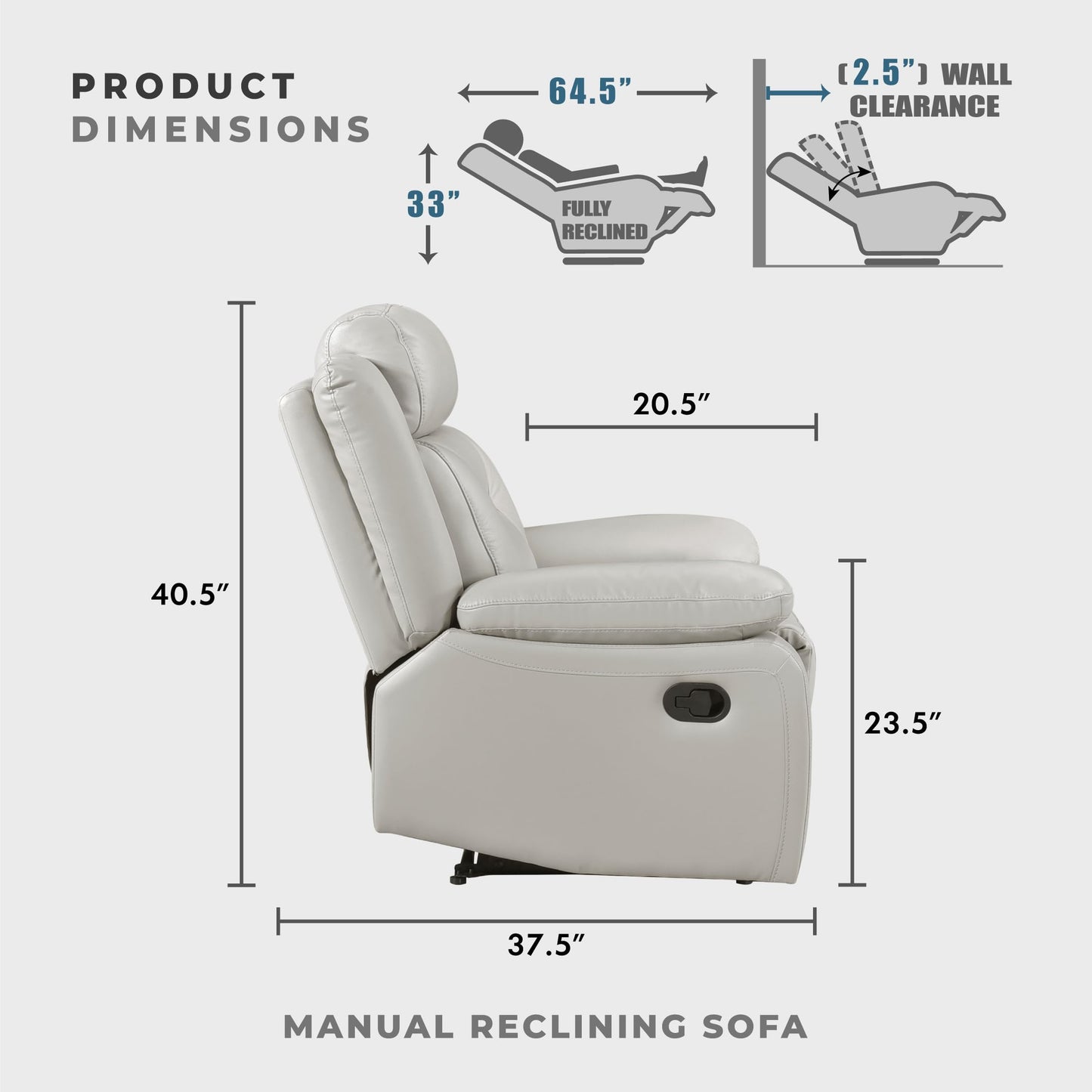 Lexicon Reclining Sofa for Living Room, Double Recliner RV Couch, Manual Wall Hugger Recliner, Home Theater Seating Leather Match Reclining Sofa with Pillow Top Armrests, 87''W Couch, Silver