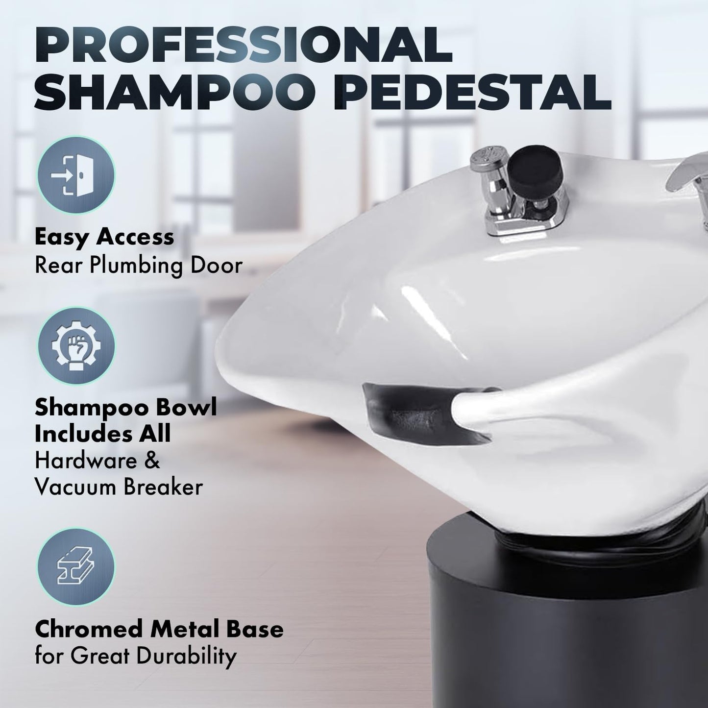 Buy-Rite Paris Pedestal Shampoo Unit with Black Metal Base with Tilting Porcelain Shampoo Bowl, Easy Access Rear Plumbing Door, NIN-030BLACKBASE-WHT (White Bowl)