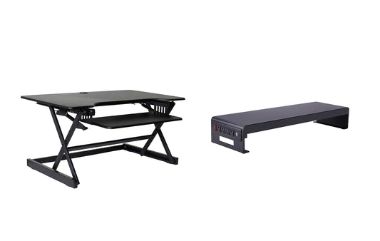 Rocelco 40" Large Height Adjustable Standing Desk Converter with Dual Monitor Stand BUNDLE - Quick Sit Stand Up Computer Workstation Riser - Retractable Keyboard Tray - Black (R DADRB-40-DMS)