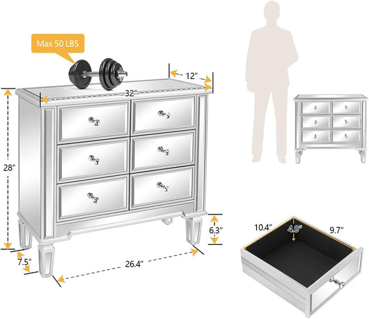 VINGLI Mirrored Dresser for Bedroom with 6 Storage Drawer Modern Chest of Drawers, Silver, 32”L x 12”W x 28”H