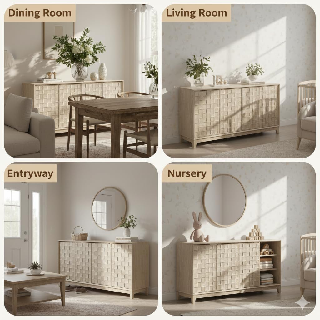 COLAMY 60" Sideboard Buffet Cabinet with Storage, Modern 4-Door Buffet Table with 3D Checkerboard Doors & Solid Wood Legs, Large Coffee Bar Cabinet for Dining Room, Living Room, Entryway,Oak Mist