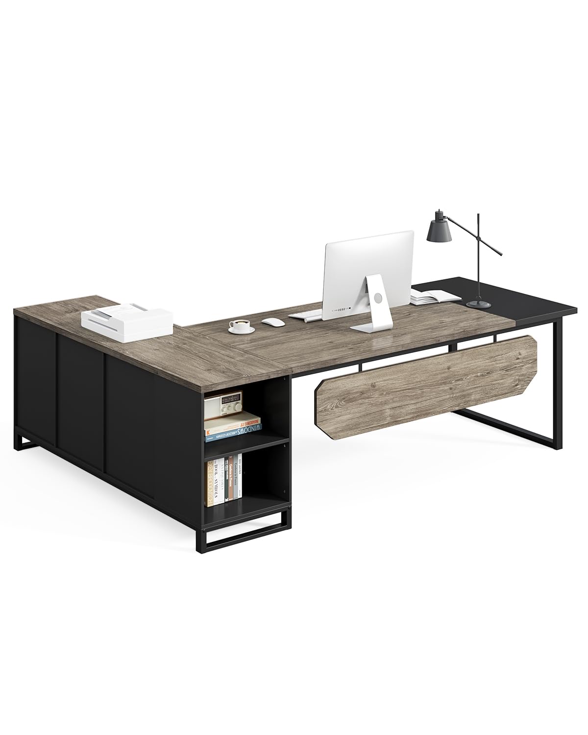 LITTLE TREE 70.8 Inches Executive Desk and 55 Inches File Cabinet Combo, Large L Shaped Computer Desk with Storage Cabinet and Shelves, Modern Business Furniture for Home Office, Grey & Black