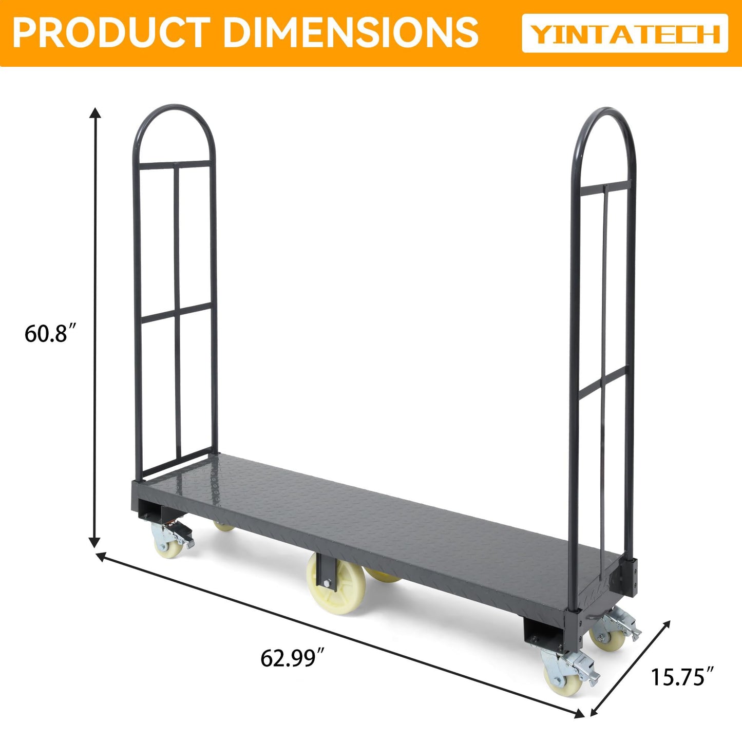 YINTATECH 2000lbs Heavy-Duty U-Boat Cart, 63"*15.75"*60.8" U Boat Platform Dolly with 6 Casters(4 Swivel Wheels with Brake & 2 Solid Wheels) for Garage,Warehouse,Household