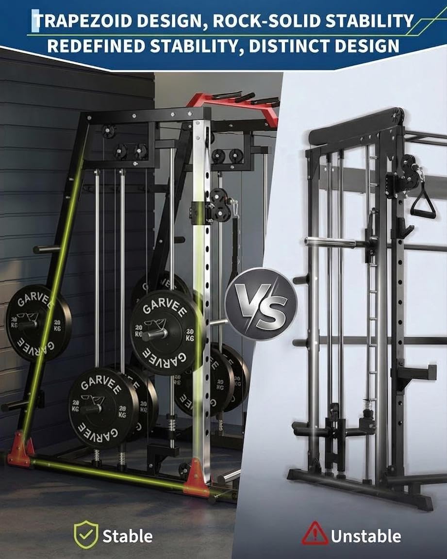 Smith Machine Home Gym, 2200lbs Squat Rack Power Cage with LAT-Pull Down System & Cable Crossover Machine, Multi-Function Training Equipment with Leg Hold-Down Attachment