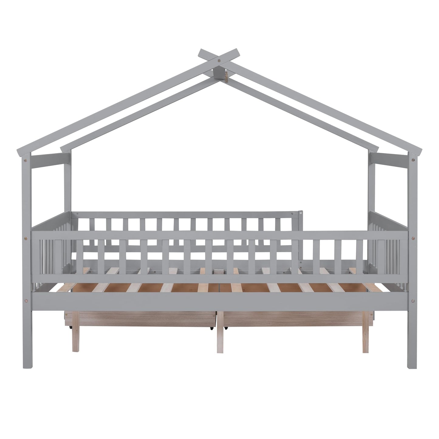 Merax Full Size Wooden House Bed with Two Drawers, Wood Bed Frame with Roof and Safety Guardrail for Kids, Teens, Boys or Girls, Gray