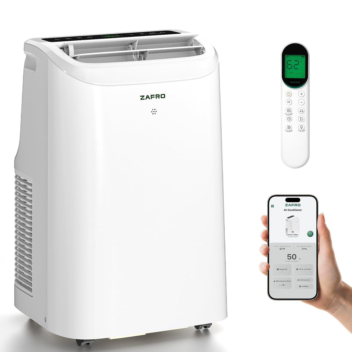 ZAFRO Portable Air Conditioners, 12000 BTU (8000 BTU SACC), Portable AC with Drainage-free Cooling, Fan & Dehumidifier, Smart AC Unit with APP/Remote, 47dB Quiet, 24H Timer for Living Room, Bedroom
