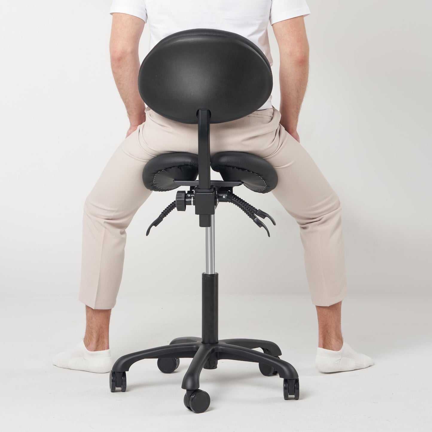 Master Massage Berkeley Ergonomic Saddle Stool - Two Split Seat Stool - Hydraulic Swivel Rolling Seat & Saddle Posture Correction Chair with Backrest - Black