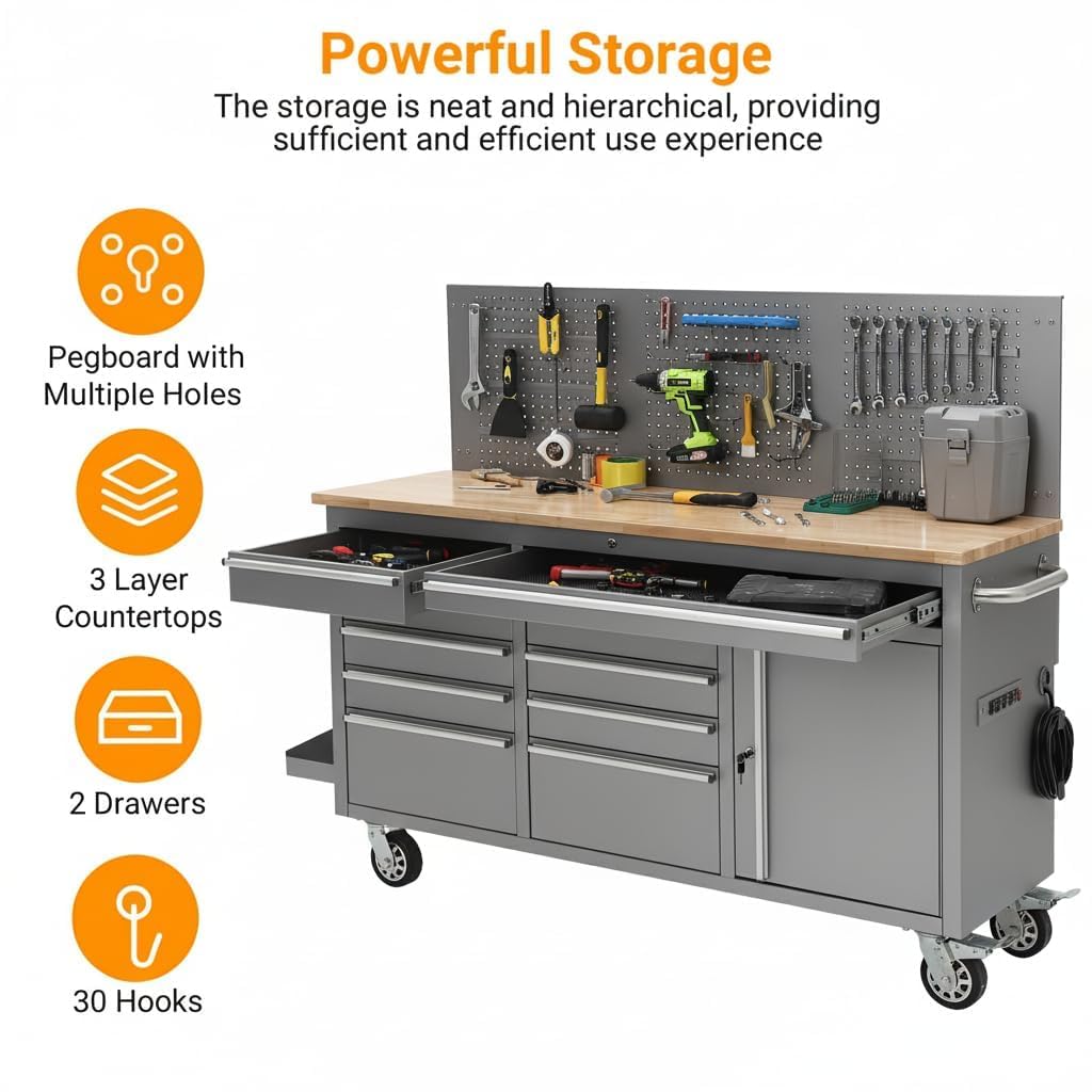 PeakPursuit 61" Rolling Tool Chest with 10 Drawers, Workbench Cabinet with Power Strip, Solid Rubber Wood Top, Pegboard, 1675 LBS Load, Mobile Heavy Duty Garage Storage, Locking Wheels, Silver
