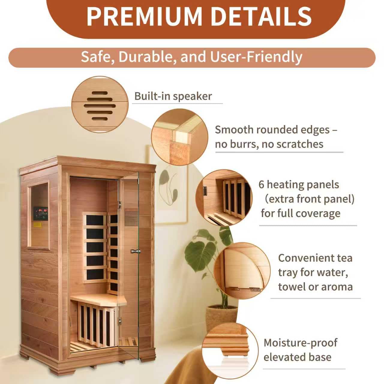 Far Infrared Sauna Room for 1 Person, Power 960W/120V with Elevated Base, 6 Heating Panels, Built-in Speakers, Tea Tray, Control Panel, 35 * 27 * 61 Inch