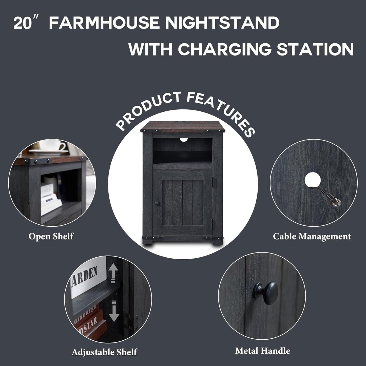 Farmhouse Night Stands Set of 2, 20" End Table w/Charging Station, Rustic Wood Bedside Table w/Groove Barn Door, Side Table with Storage w/Open & Adjustable Shelf for Bedroom, Living Room (Dark Grey)