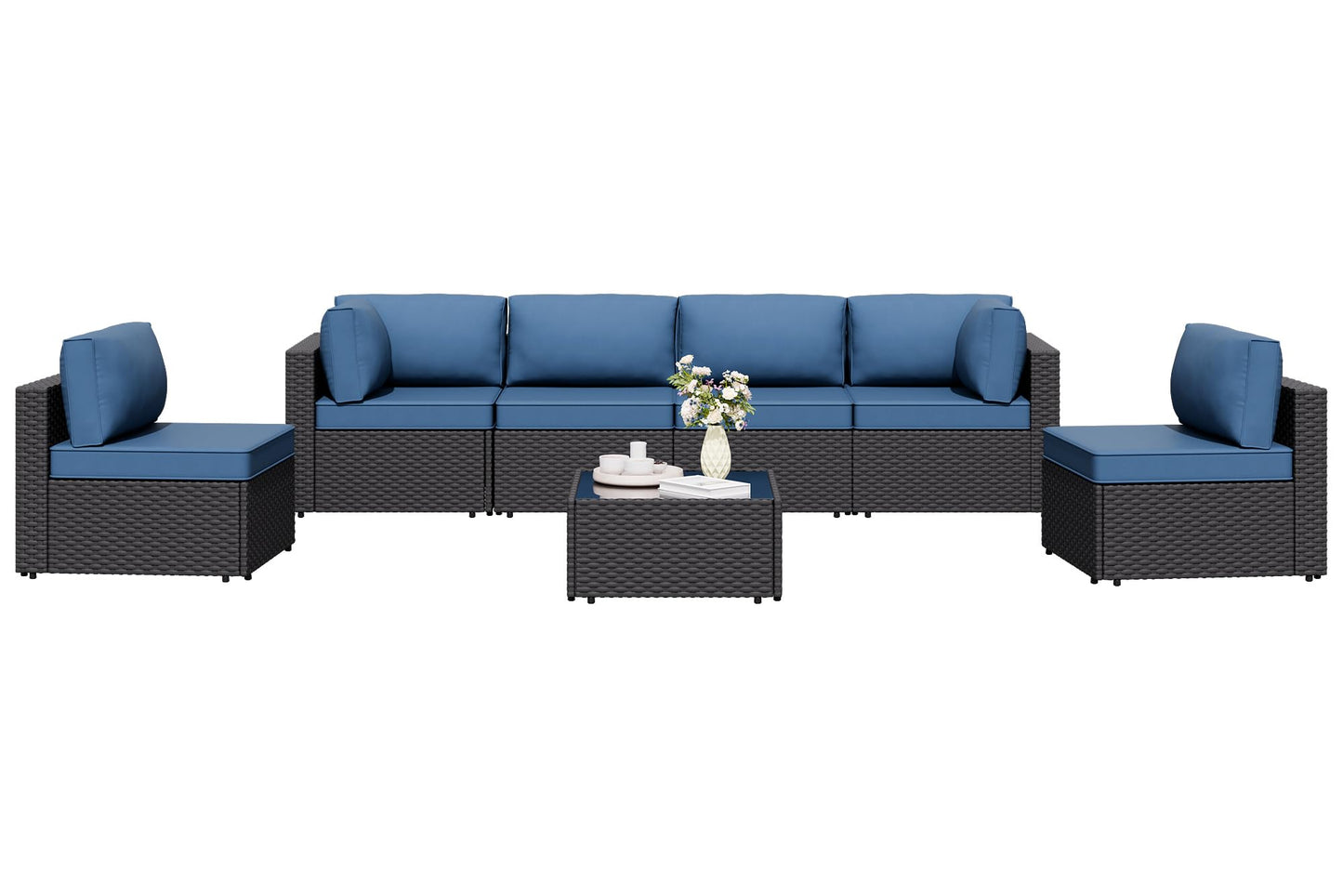 7 Pieces Outdoor Patio Sectional Sofa Couch, Wicker Furniture Patio Conversation Sets with Washable Cushions & Coffee Table for Garden, Poolside, Backyard