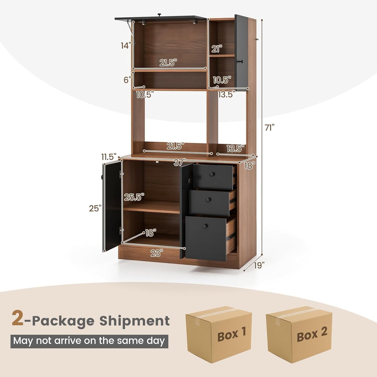 Nightcore Kitchen Pantry Storage Cabinet, 71" Freestanding Pantry with 3 Deep Drawers, Adjustable Shelves, Kitchen Hutch with Microwave Countertop for Dining Room, Living Room (Walnut & Black)