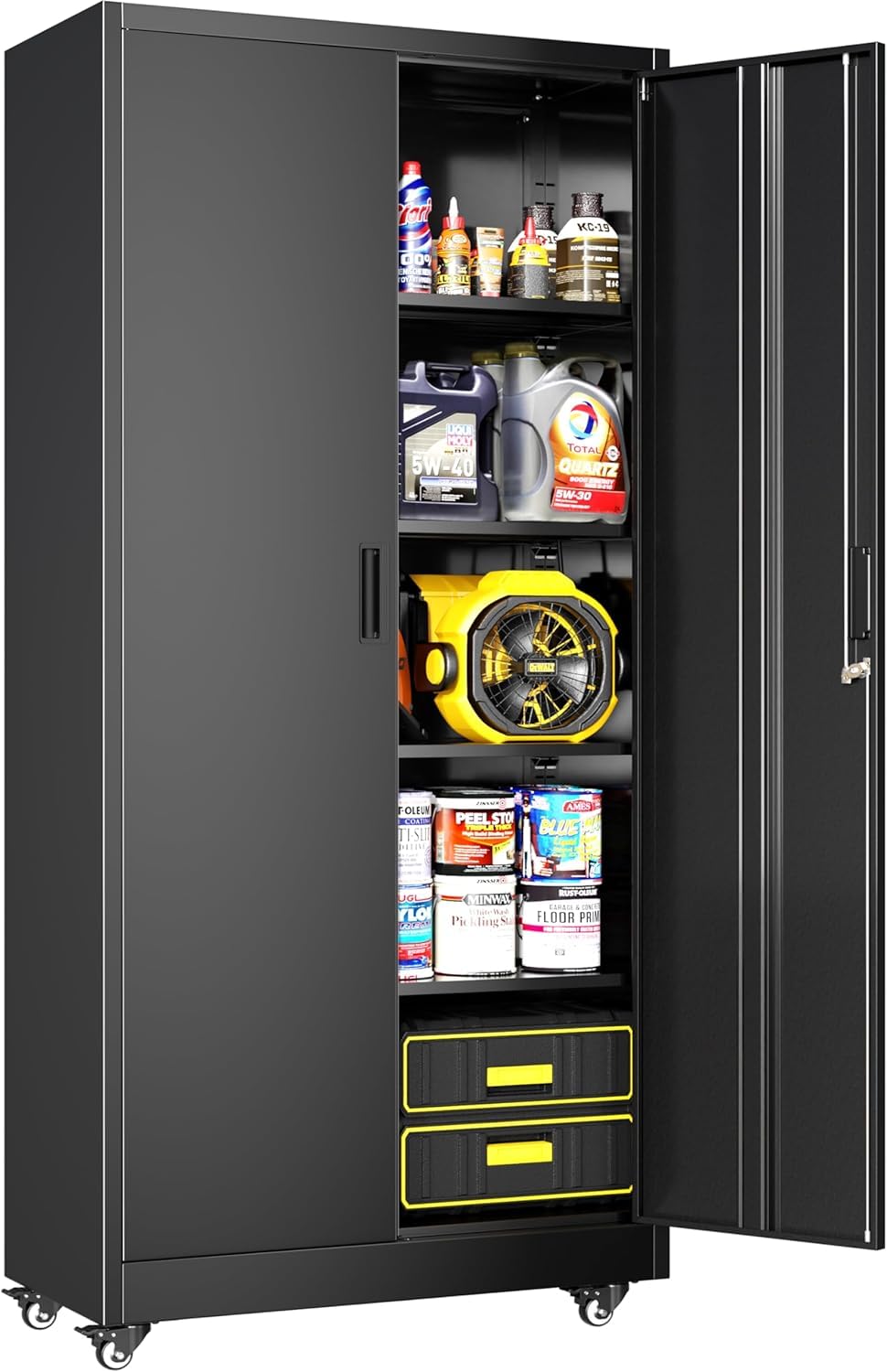 Greenvelly 73" Metal Storage Cabinet with Wheels, Black Garage Storage Cabinet with 4 Adjustable Shelves and Locking Doors, Garage Rolling Storage Cabinet for Warehouse, Garage, Home Office, School