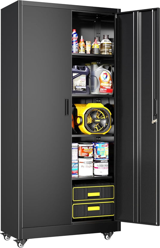 Greenvelly 73" Metal Storage Cabinet with Wheels, Black Garage Storage Cabinet with 4 Adjustable Shelves and Locking Doors, Garage Rolling Storage Cabinet for Warehouse, Garage, Home Office, School