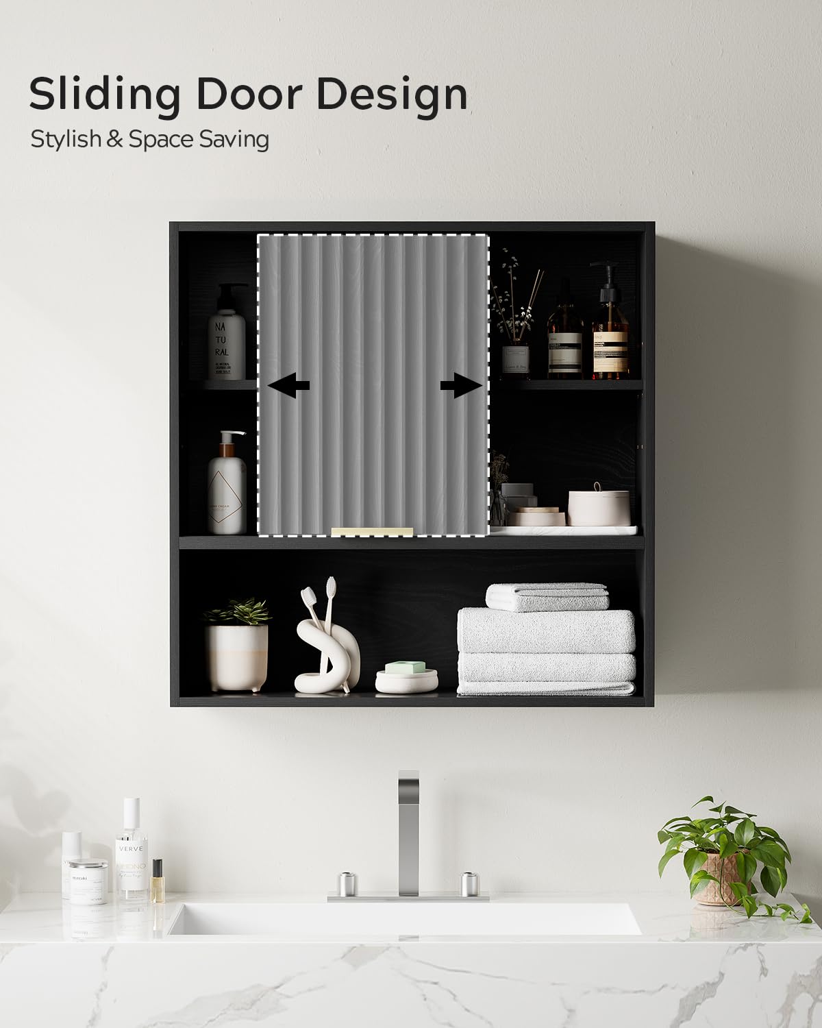 EYYTHUNG 2PCS Fluted Wall Cabinet Bathroom, Modern Medicine Cabinet with Sliding Door Adjustable Shelf Wood Storage Cabinet Wall Mounted for Kitchen Dining Room Living Room, Black