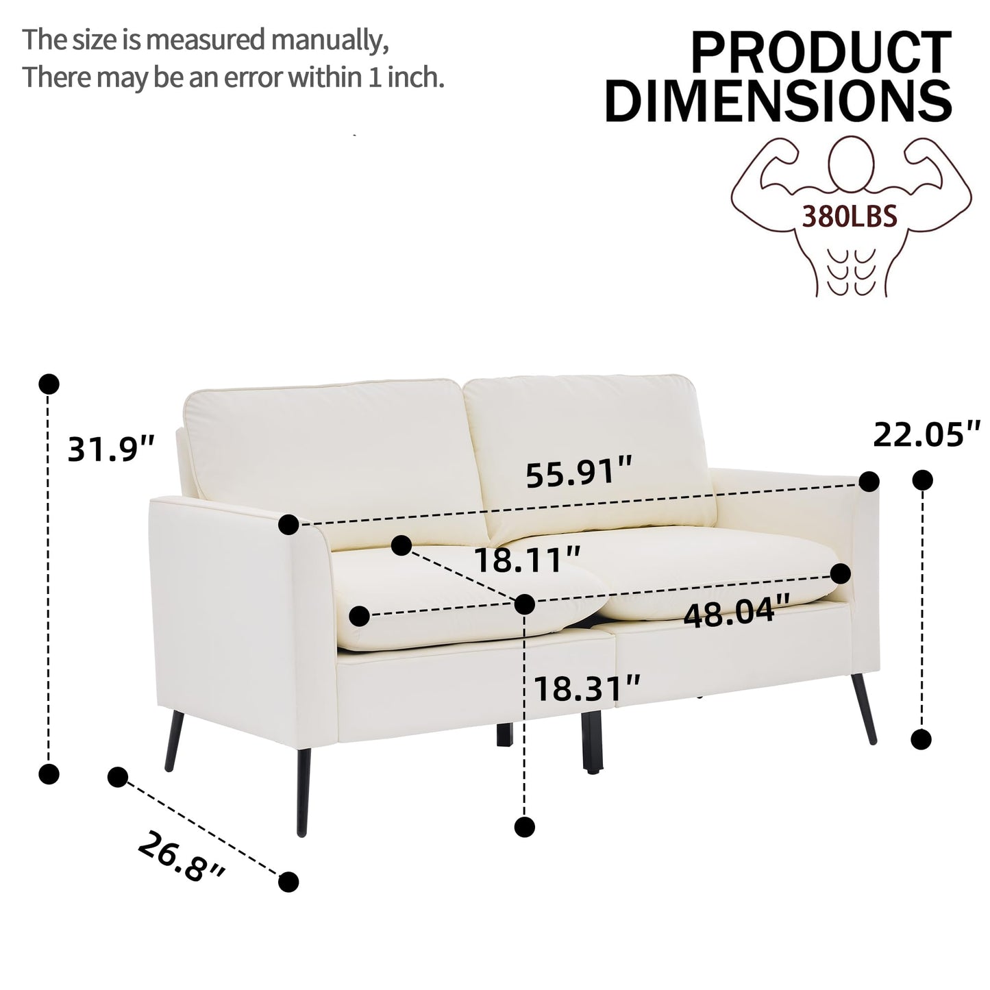 KEIKI Faux Leather Loveseat, Mid Century Modern Comfy Sofa Couch, Mini Deep Seat 2-Seater Settee Loveseat Couches for Office Living Room Bedroom Apartment Dorm Small Space, Cream White