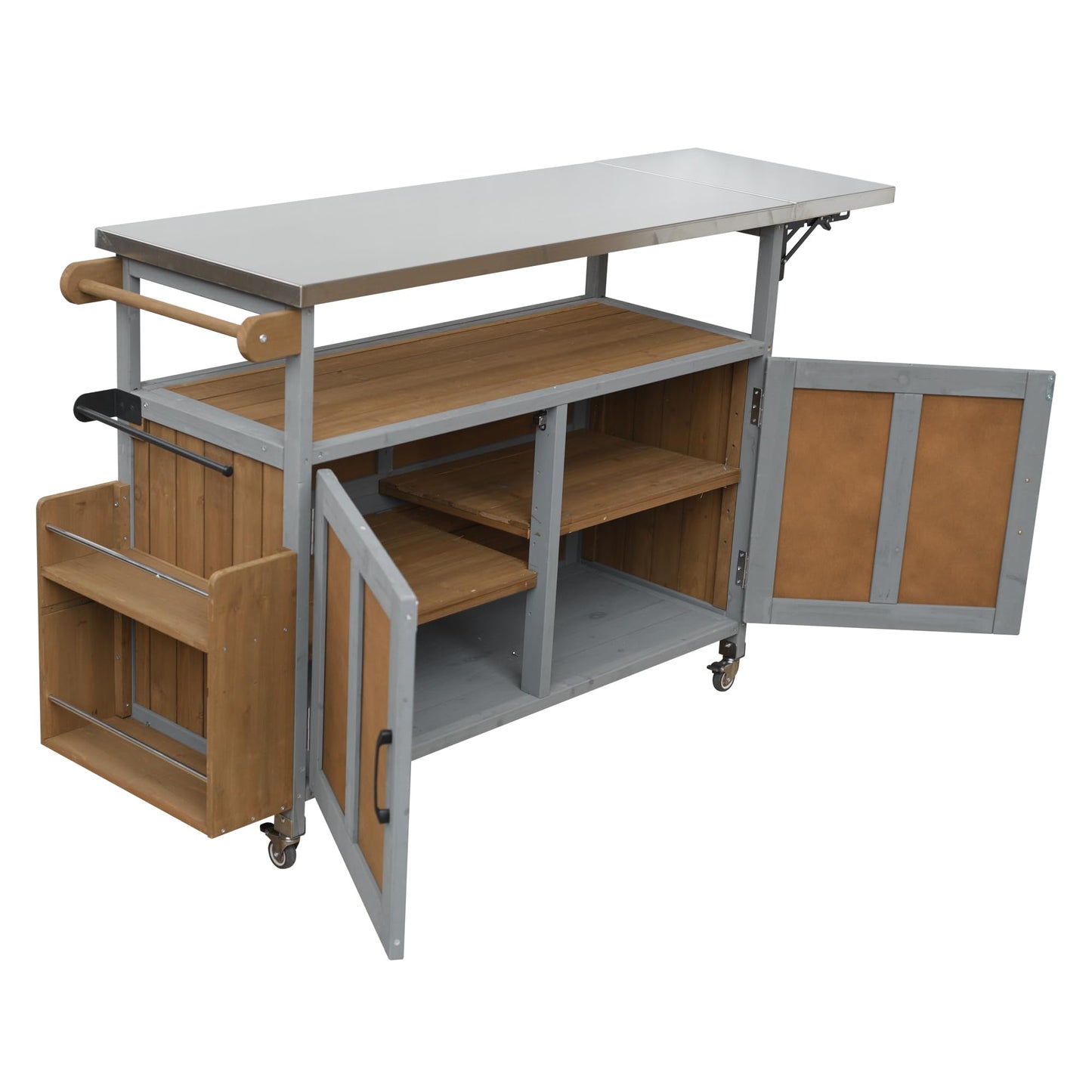 Outdoor Kitchen Island Cart with Foldable Stainless Steel Top, Rolling Grill Table with Adjustable Shelf Storage Spice Rack & Towel Holder, Wooden BBQ Prep Station with Lockable Wheels, Espresso Grey