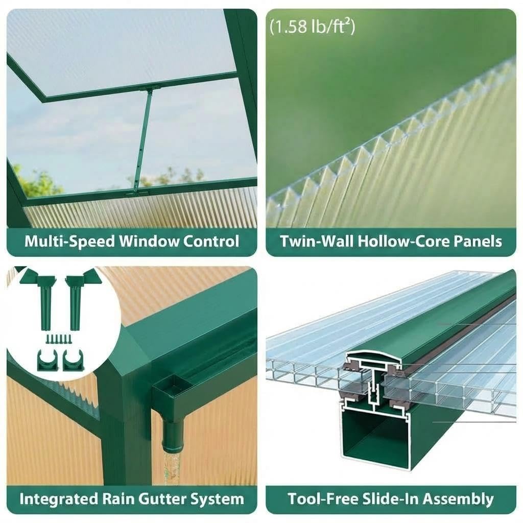 8x12 ft Greenhouse, Polycarbonate Walk-in Greenhouse for Outside with Roof Vent & Lockable Outward-Opening Swing Door, Heavy-Duty Aluminum Green House for Garden, Backyard, Patio, Lawn, Green