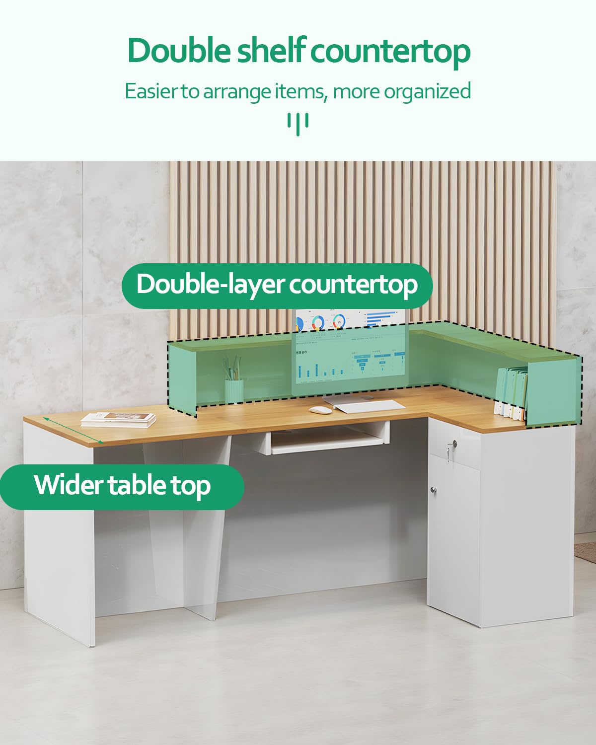 L Shaped Reception Desk, Solid Wood Front Desk with Counter & Lockable Drawers, Retail Checkout Customer 2 Person Secretary Desks for Home Office Lobby Store (63in,Left)
