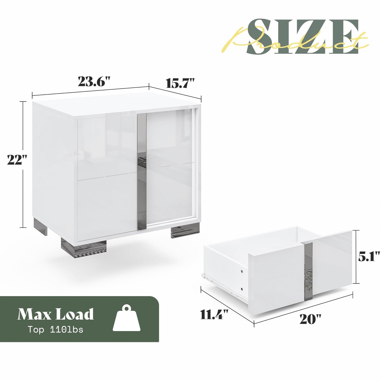 AMERLIFE Nightstand Set of 2, 23.6'' Modern End Table with Drawers, High Gloss UV Finish, Electroplated Pull Handle, Bedside Table for Bedroom, White