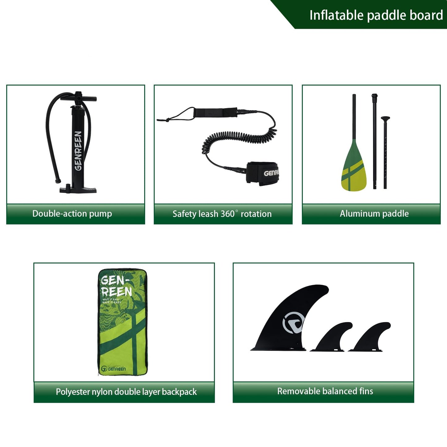 Genreen Inflatable Stand Up Paddle Board 11'33"6" 400LBS Capacity with 0.5cm EVA Deck, 3 Fins, Quality Inspection5 for Japanese Customers Ultra Stable Paddleboard (Monstera Lawn Green)