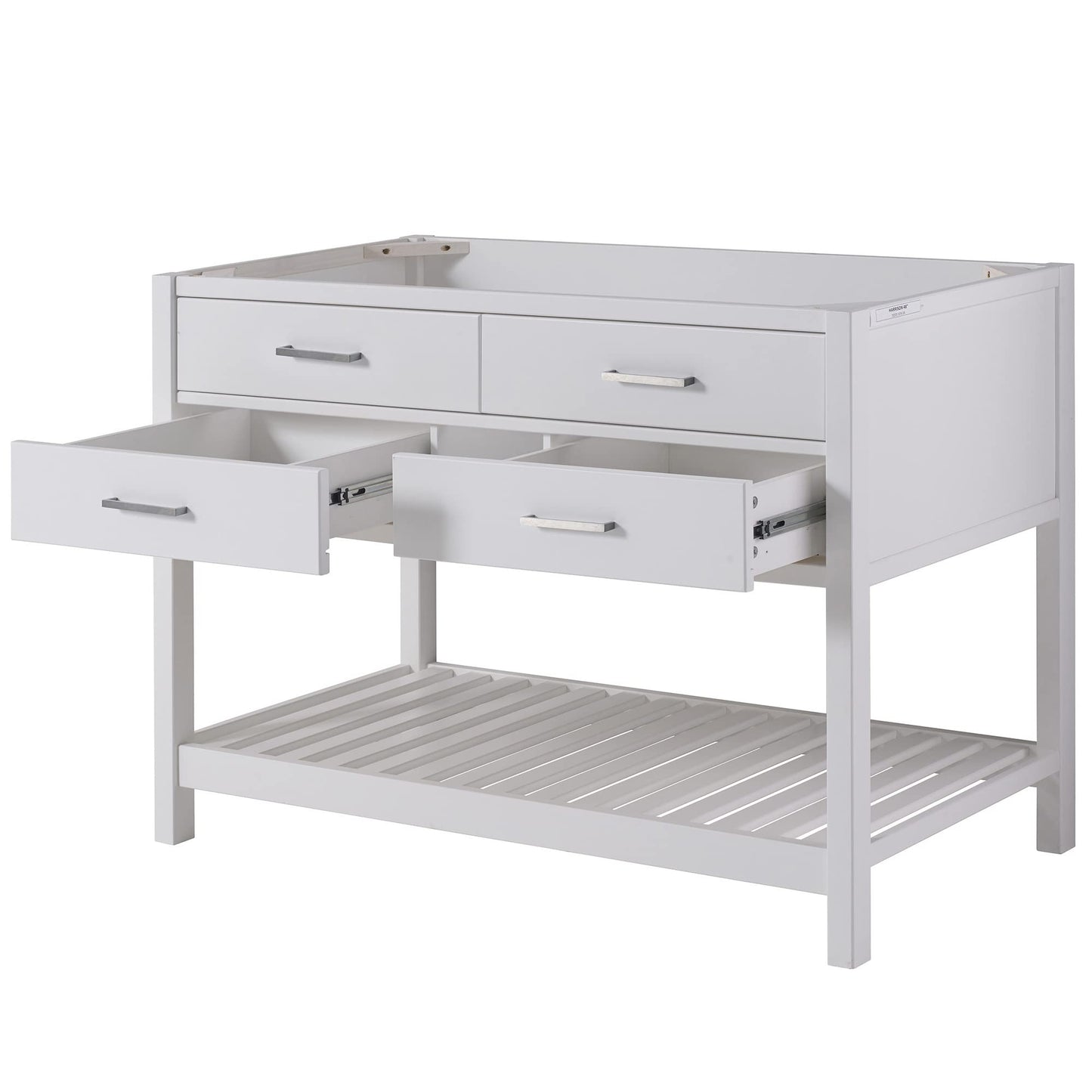 Harrison 48 in. W Vanity Cabinet Only, Bathroom Storage with Two Soft Close Drawers and Slatted Shelf, Nickel Hardware, Adjustable Height Levelers, Solid Pine Wood Construction, White