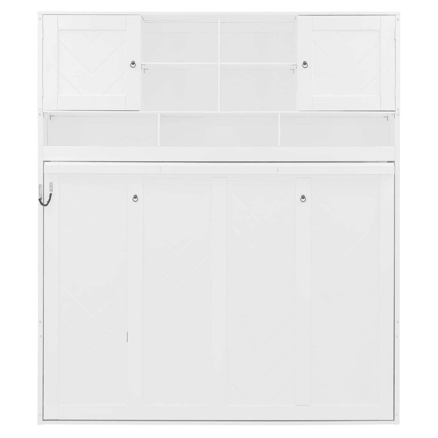 Merax Queen Size Murphy Bed Wall Bed with Top Storage Cabinets and Shelves, Fold into The Wall, Space-Saving Design, White Foldable Platform Bed Frame with Chevron Stripes, for Bedroom, Guest Room