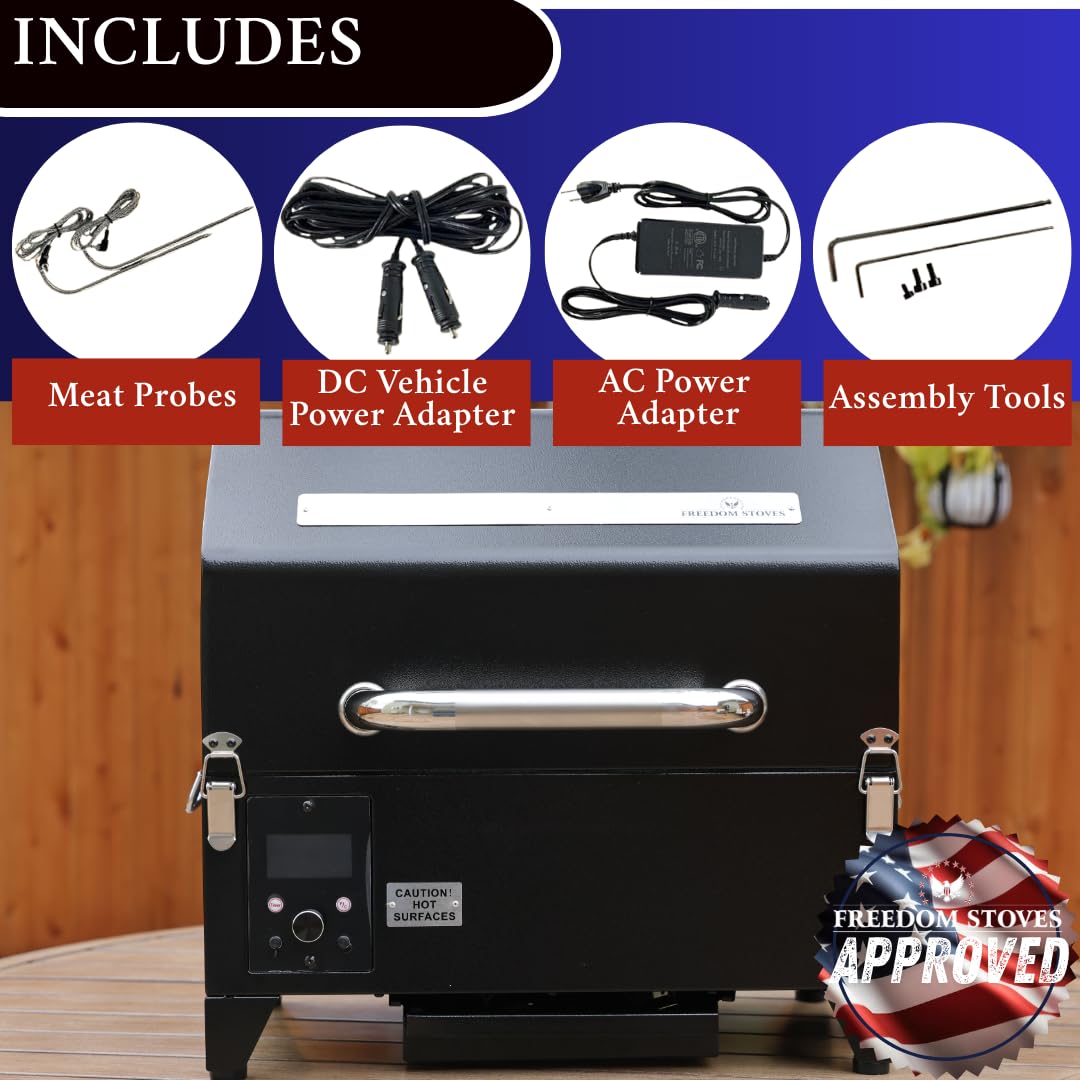 Freedom Portable Pellet Grill & Smoker: Digital Display, Dual Meat Probes, 242 sq in Cooking Area, AC/DC Powered, Black