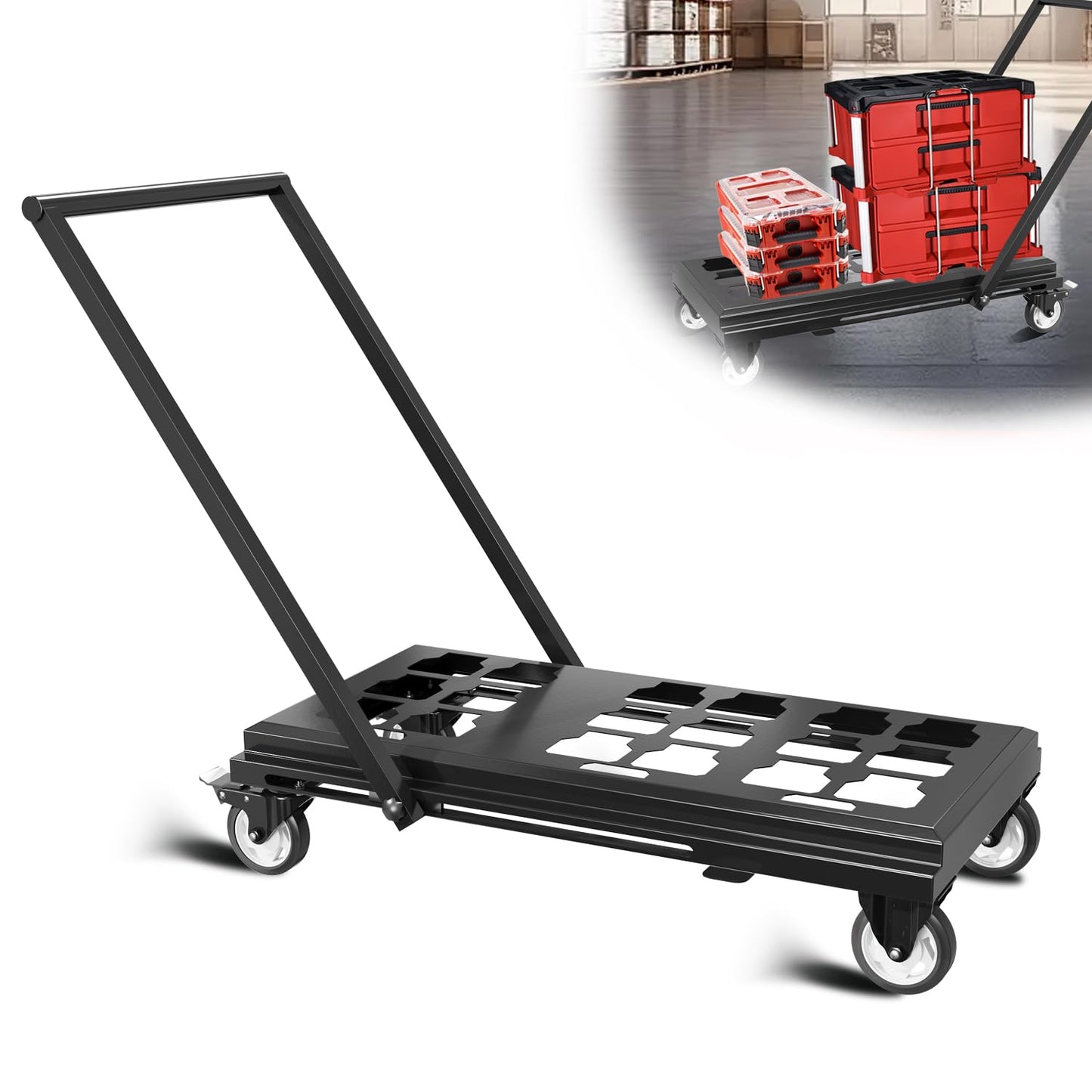 Medium Heavy Duty Toolbox Dolly with Handle, Compatible with Mil.Waukee Packout Toolbox, Double Storage, Thickened Carbon Steel Frame, Larger Wheels with Brake, No Drilling Required, Up to 400lbs