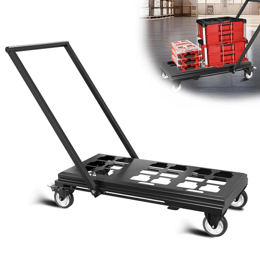 Medium Heavy Duty Toolbox Dolly with Handle, Compatible with Mil.Waukee Packout Toolbox, Double Storage, Thickened Carbon Steel Frame, Larger Wheels with Brake, No Drilling Required, Up to 400lbs