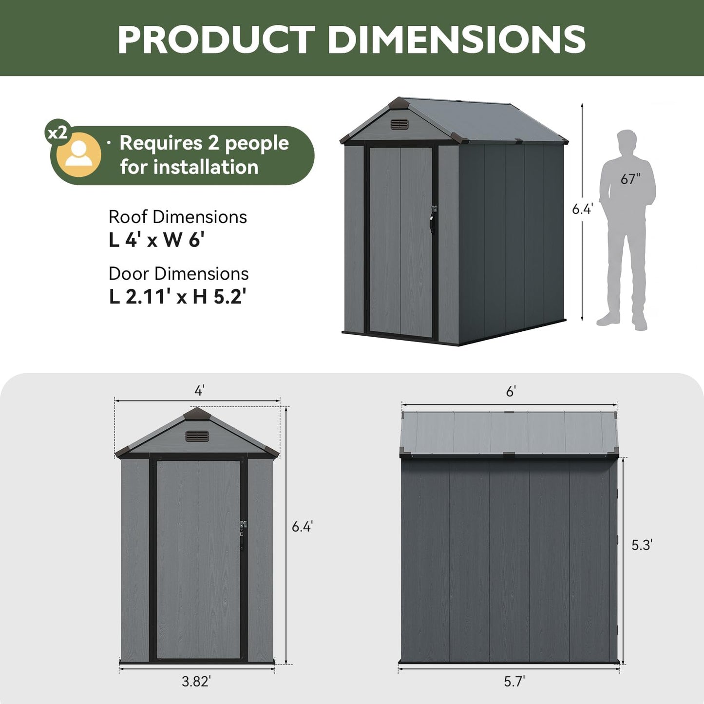 Aoxun 4×6 FT All-Weather Resin Storage Shed, Outdoor Plastic Tool Shed with Reinforced Floor, Lockable Door, Window & Vent for Garden Patio Backyard, Stores Bike, Garbage Can & Yard Gear, Dark Gray