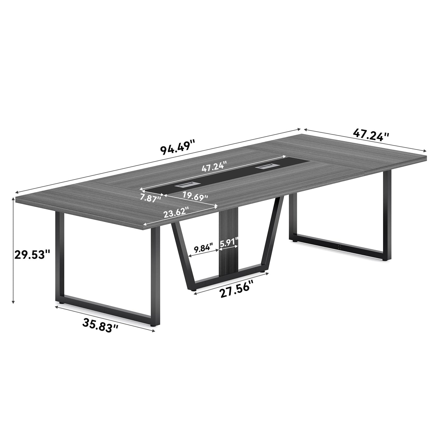 LITTLE TREE 8FT Conference Table for 10 People, Large Meeting Table, Modern Wooden Conference Room Tables with Cable Management, Business Style Training Tables with Strong Metal Legs for Office, Grey