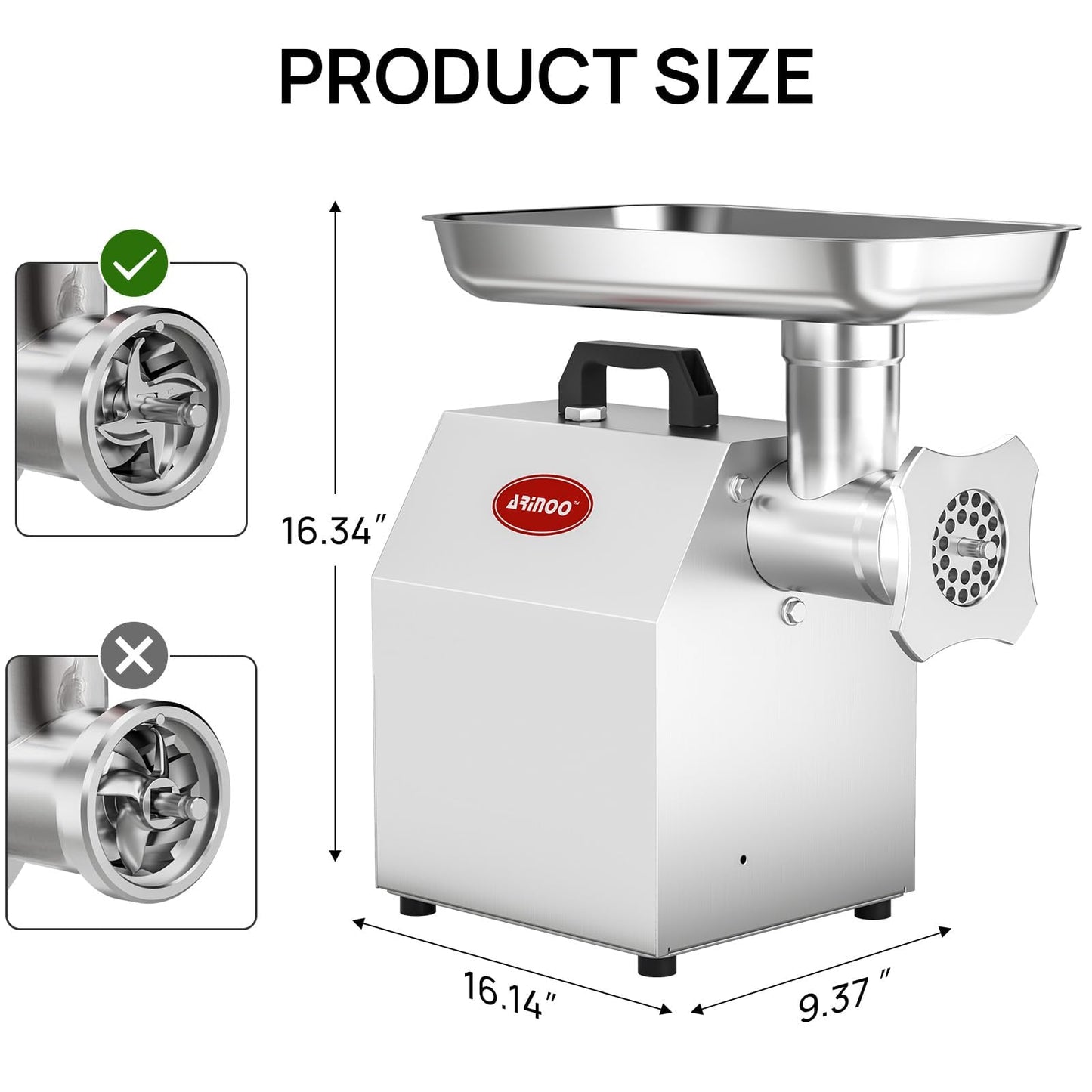 ARINOO #12 Commercial Meat Grinder,1.0HP Professional Electric Meat Mincer,Heavy Duty Stainless Steel Sausage Stuffer with 2 Blades,3 Stuffing Tubes for Kitchen,restaurant,Small-Batch Processing Farms