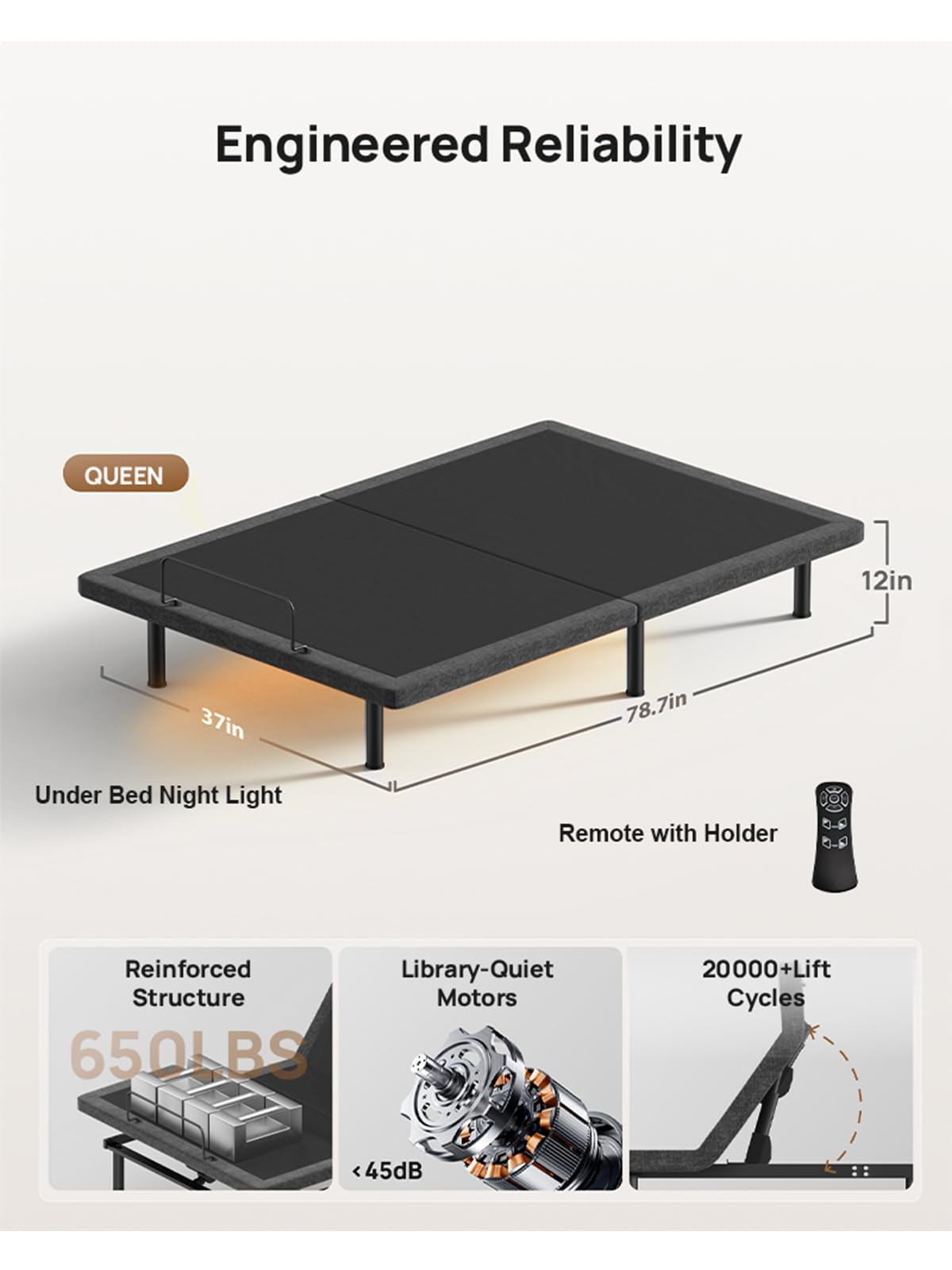 Glendan Queen Adjustable Bed Frame: Back & Foot Incline Electric Bed Base, Remote Control with Storage Basket, USB-A & USB-C Both Sides Charging, Zero Gravity Anti-Snore, 3 Heights, Easy Assembly