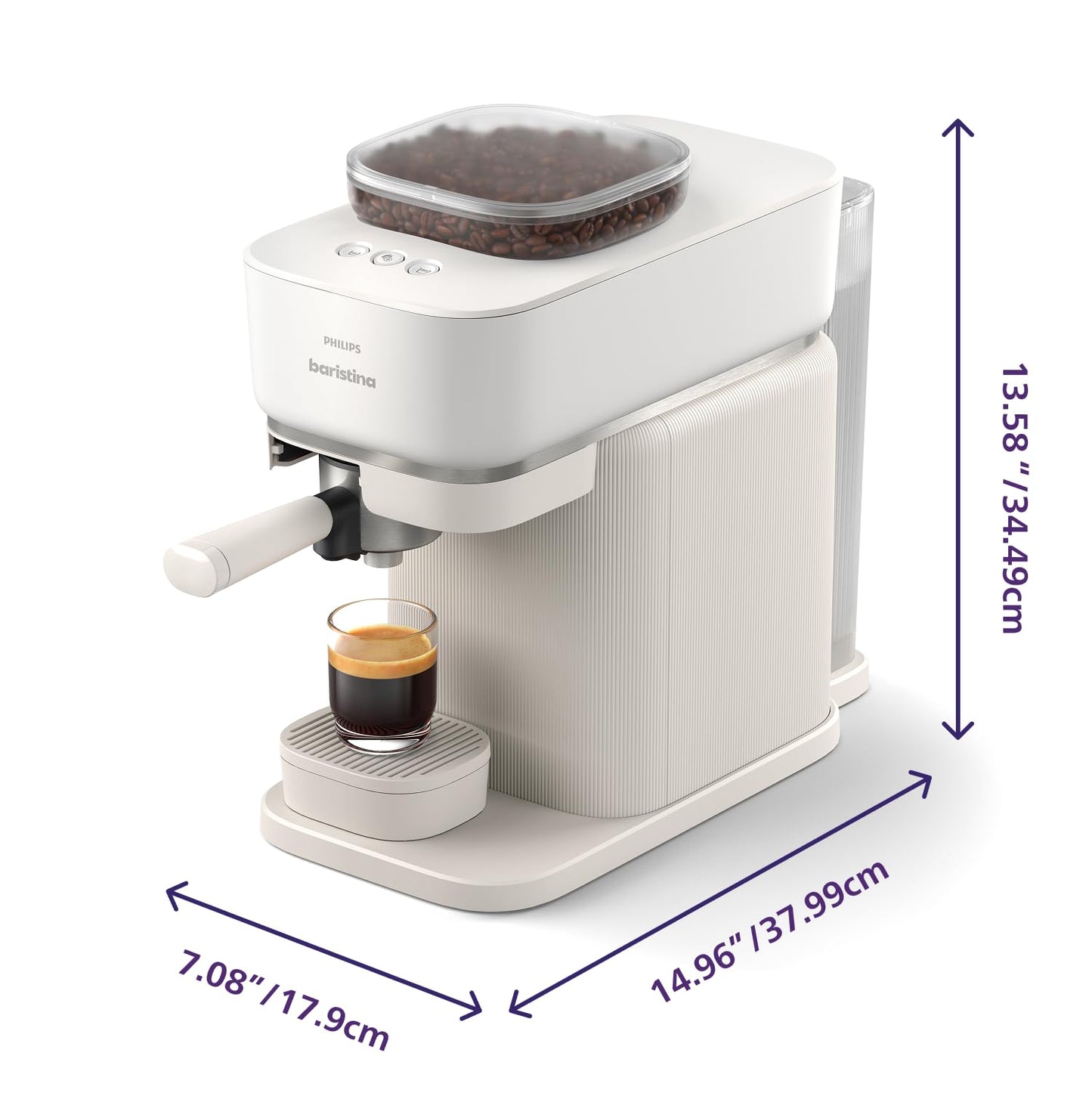 Philips Baristina Espresso Machine, Grind, Tamp & Brew Coffee Beans in One Swipe, Compact, 16 Bar Pump Pressure, Automatic Grinder, Natural White with White Portafilter (BAR300/00)
