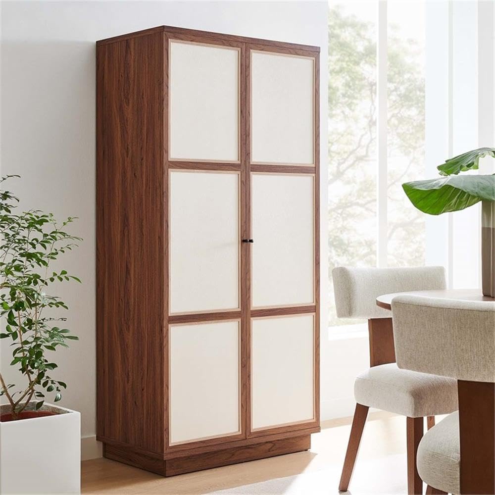 Pemberly Row Modern 70 in Tall Wood Grain Storage Cabinet, Walnut Finish, MDF and Particleboard Construction, Linen-Textured Doors, Soft-Close Hinges, Adjustable Shelves, Freestanding for Home or