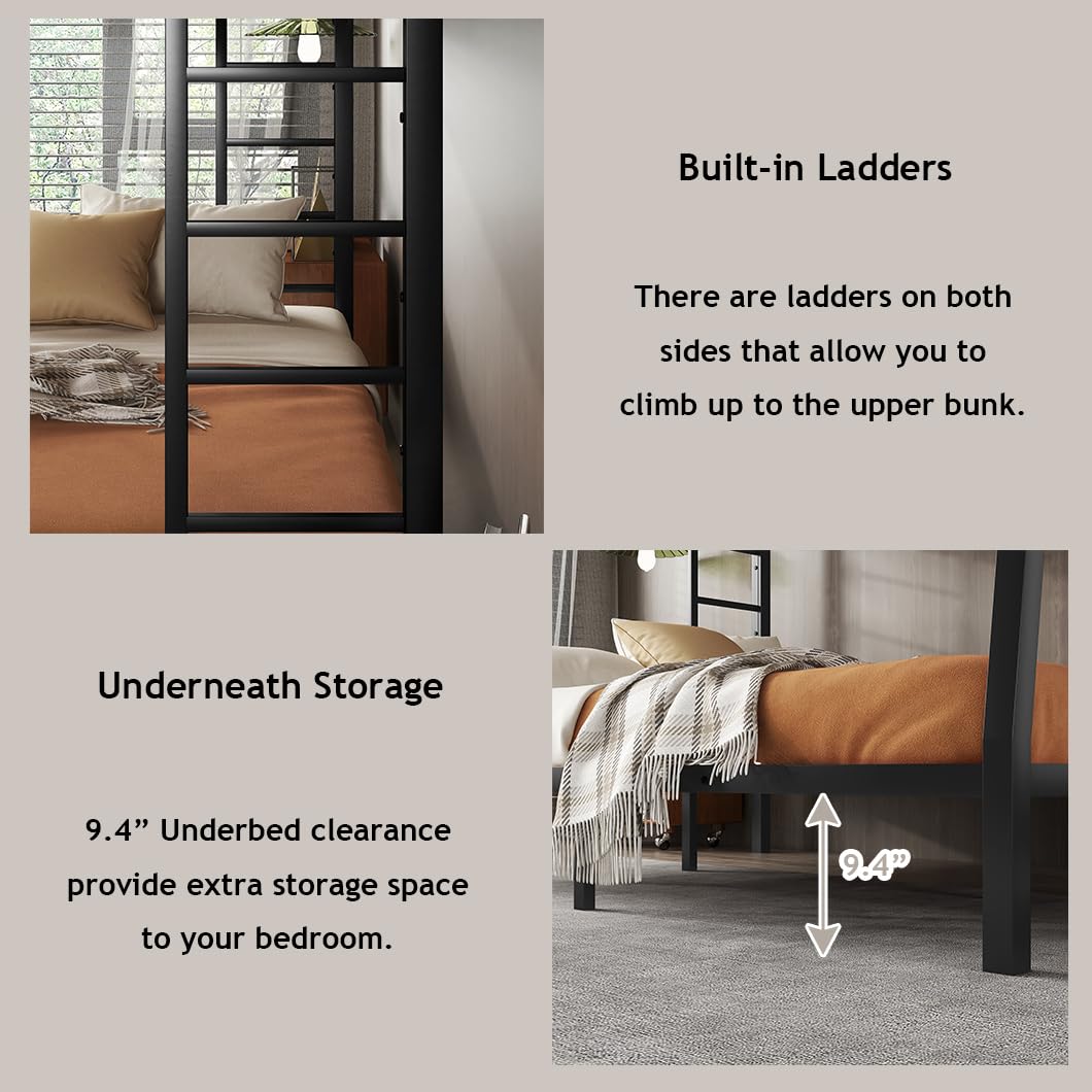Bellemave Full XL Over Queen Bunk Bed for Adults, Full XL Over Queen Bunk Bed Frame with 2 Ladder and Full Length Guardrail, Easy Assemble, Mattress Not Included, Black