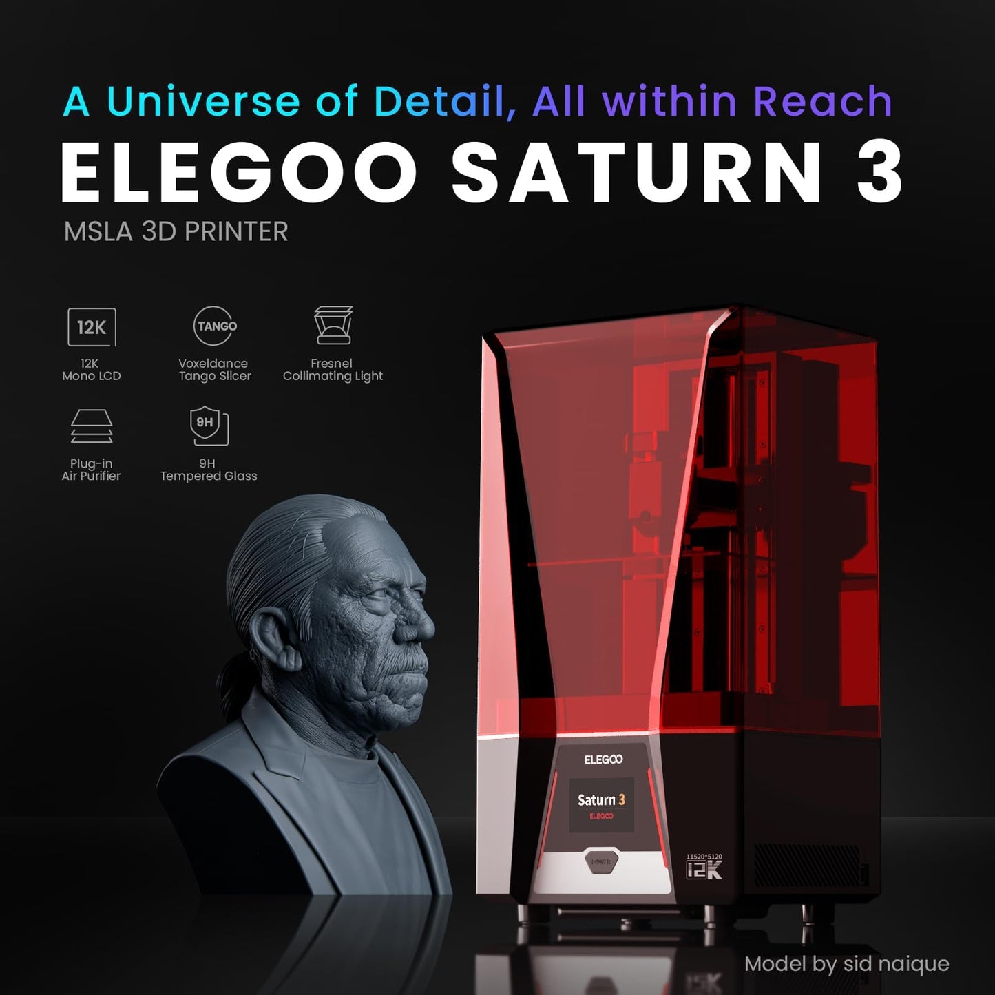 ELEGOO Saturn 3 MSLA 12K 3D Printer, Desktop Resin 3D Printer with 10-Inch Monochrome LCD, Voxeldance Tango Slicer, Large Printing Size of 8.62 × 4.84 × 9.84 inches