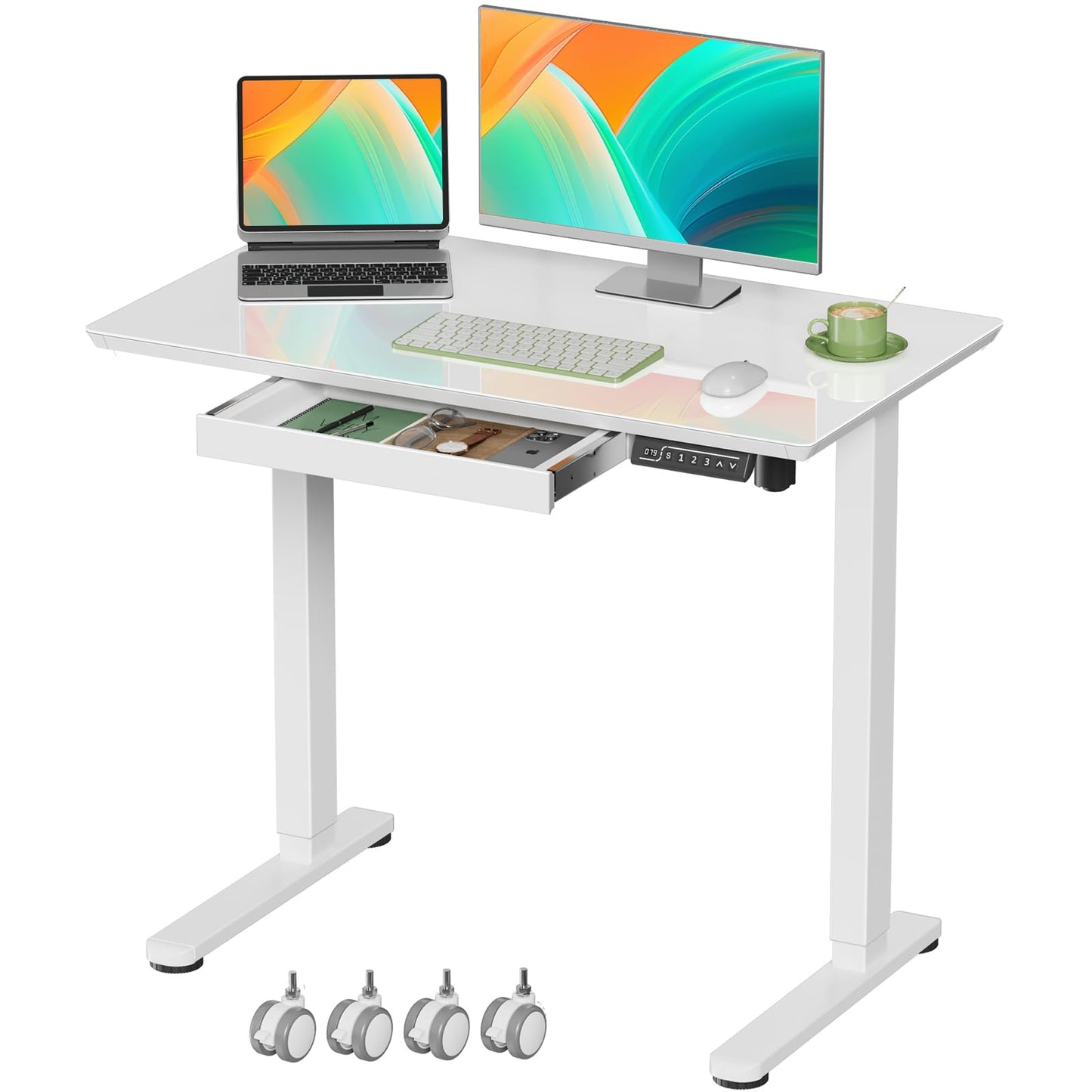 Gibbon Mounts Glass Standing Desk with Drawer, 35×20Inch Whole Piece Height Adjustable Rising Desk, Electric Sit Stand Desk with Wheels, Small Computer Desk, White