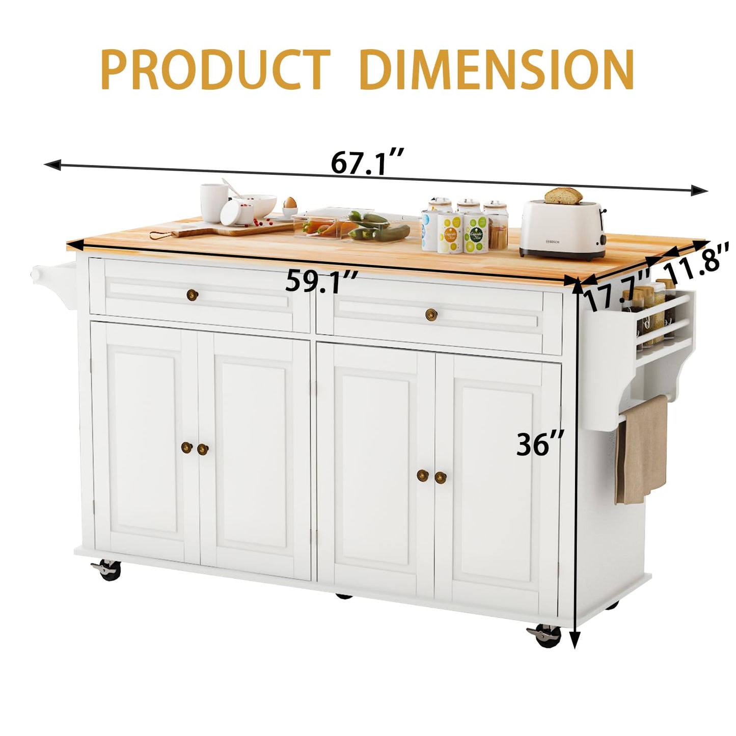 JassmiPkwy 67’’ Movable Kitchen Island with Drop Leaf and Power Outlet, Lockable Sliding Countertop Rolling Island Cart with 2 Large Drawers, Spice, Towel Rack,White