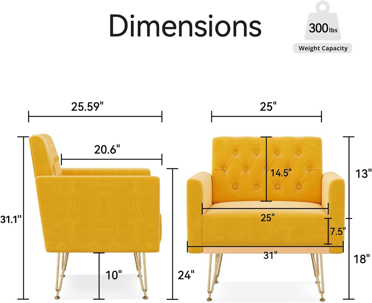 KEIKI Small Velvet Accent Chair, 31 Inch Modern Tufted Upholstered Armchair with Metal Leg, Comfortable Single Sofa Side Reading Chairs, Comfy Arm Chair for Bedroom Living Room, Easy Assembly, Yellow
