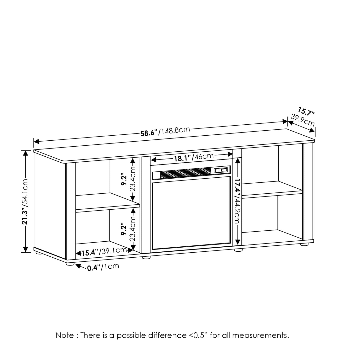 Furinno Classic TV Stand with Fireplace, Entertainment Center, TV Console for TV up to 60 Inch, for Living Room, Bedroom, Dark Americano