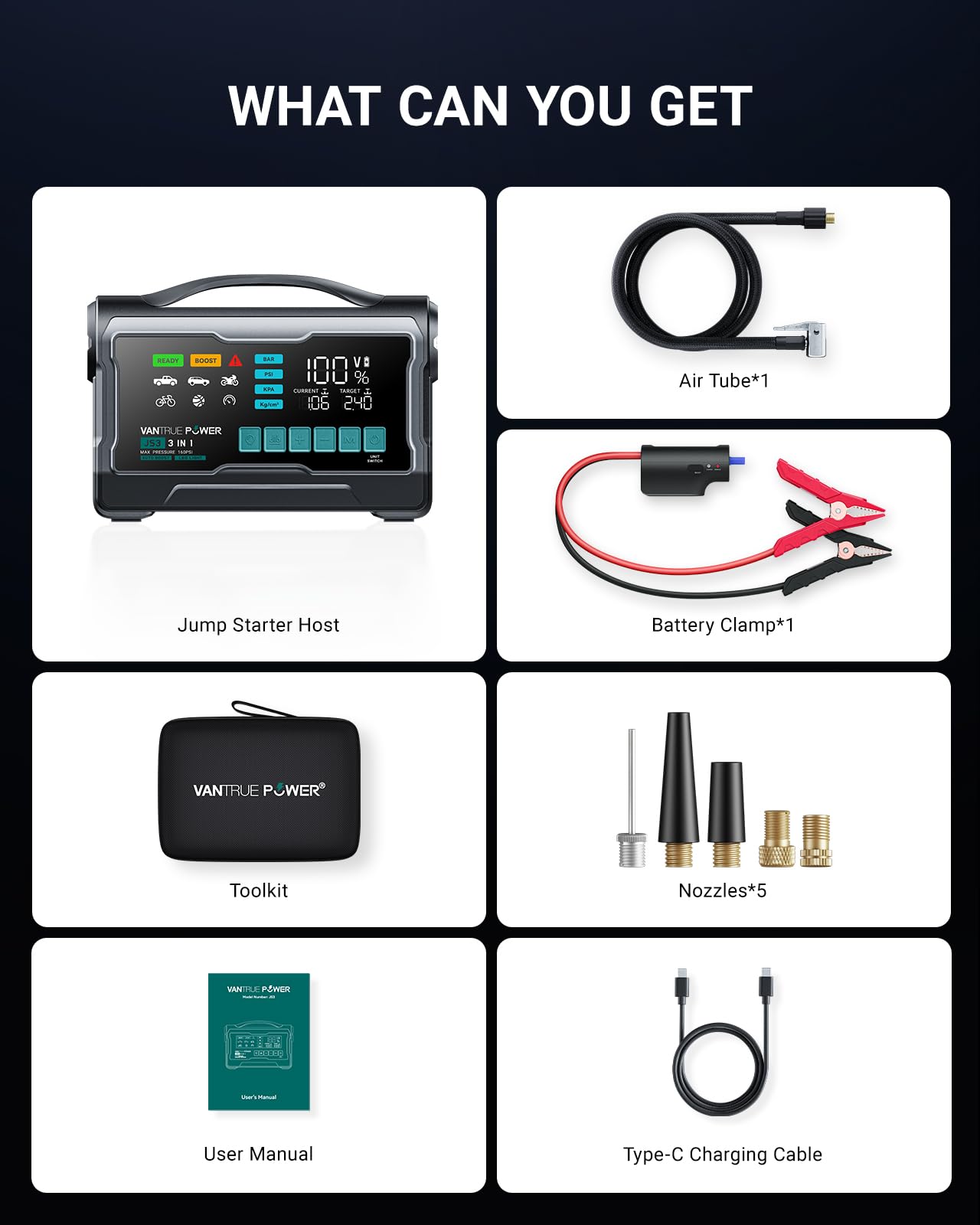 VANTRUE POWER JS3 Real 3250A Jump Starter with Air Compressor 160PSI, 12V Car Battery Booster with Display, Jump Box with Light, Support 65W Fast Charging Power Bank, 10L Gas/8L Diesel Engines