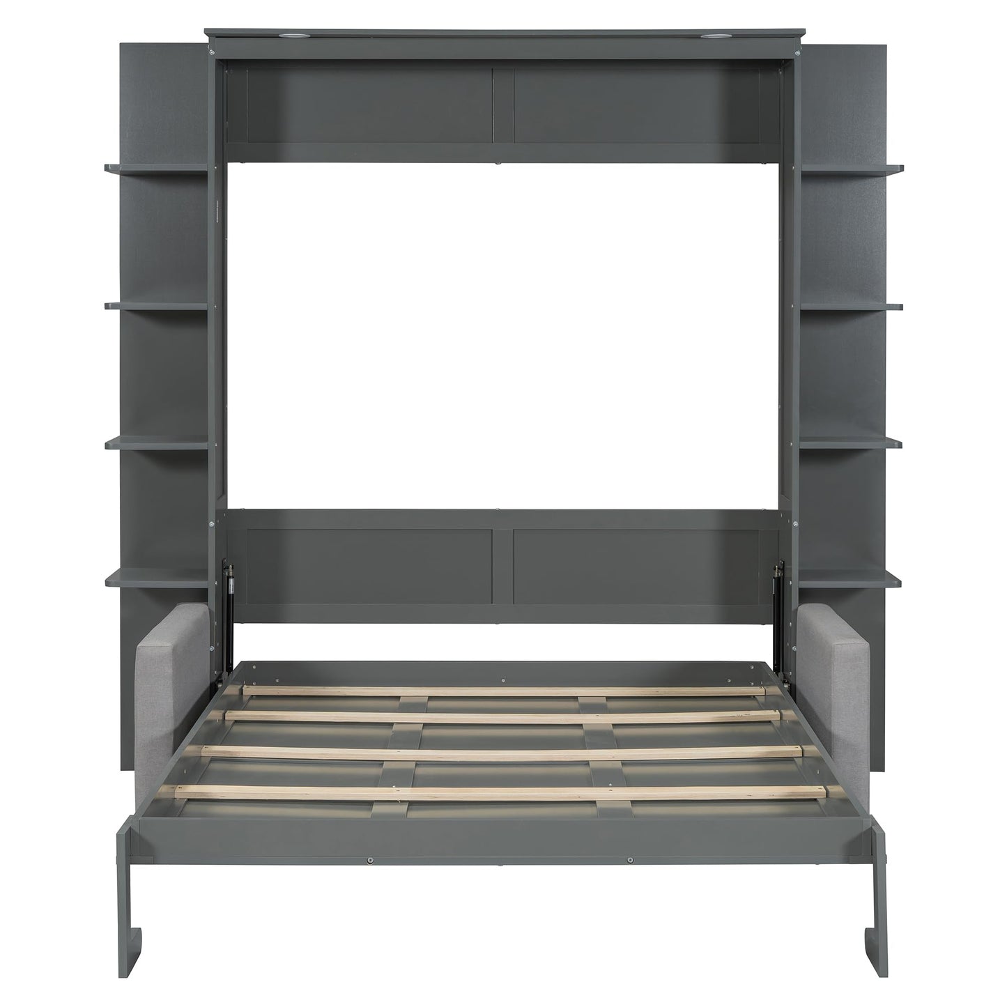 Merax Queen Size Murphy with Sofa and Shelves for Bedroom or Guestroom Wall Bed Space Saving Hidden Bed,No Need Fix to The Wall,Gray