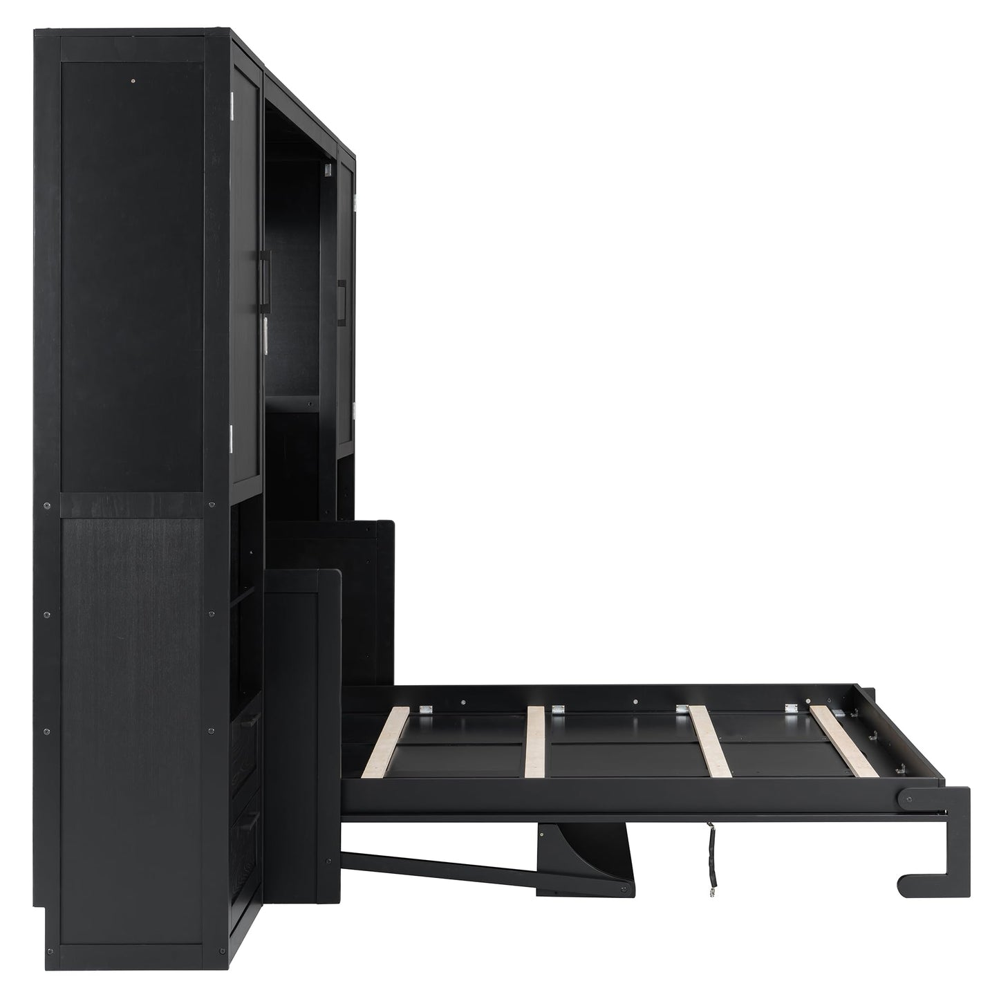 Merax Queen Size Murphy Bed with Desk, Closet, Drawers and Shelves, Fold into The Wall, Space-Saving Foldable Wood Platform Bed Frame for Small Spaces Studio Study Office Guest Room, Black(Oak Veneer)