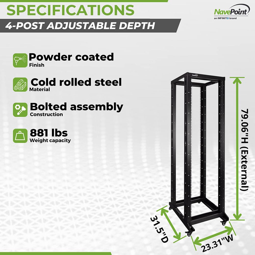 NavePoint 42U 4 Post Server Rack – Open Frame Rack for 19 Inch Equipment, Adjustable Depth 4-Post Network Rack with Casters Wheels, 42U Server Rack 881lbs Capacity, Black