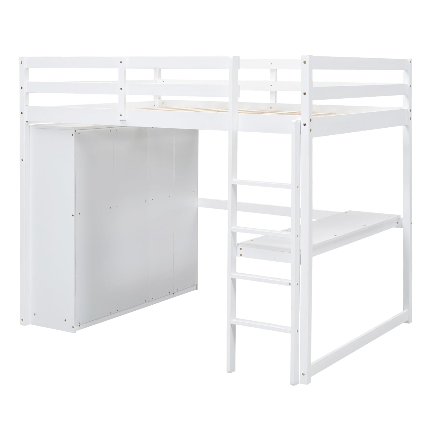 Merax Full Size Wood Loft Bed with Built-in Wardrobe, Large Desk, 2-Tier Storage Shelves & 3 Drawers, Solid Pine Wood Frame, 350 lbs Capacity, No Box Spring Needed for Bedroom, White