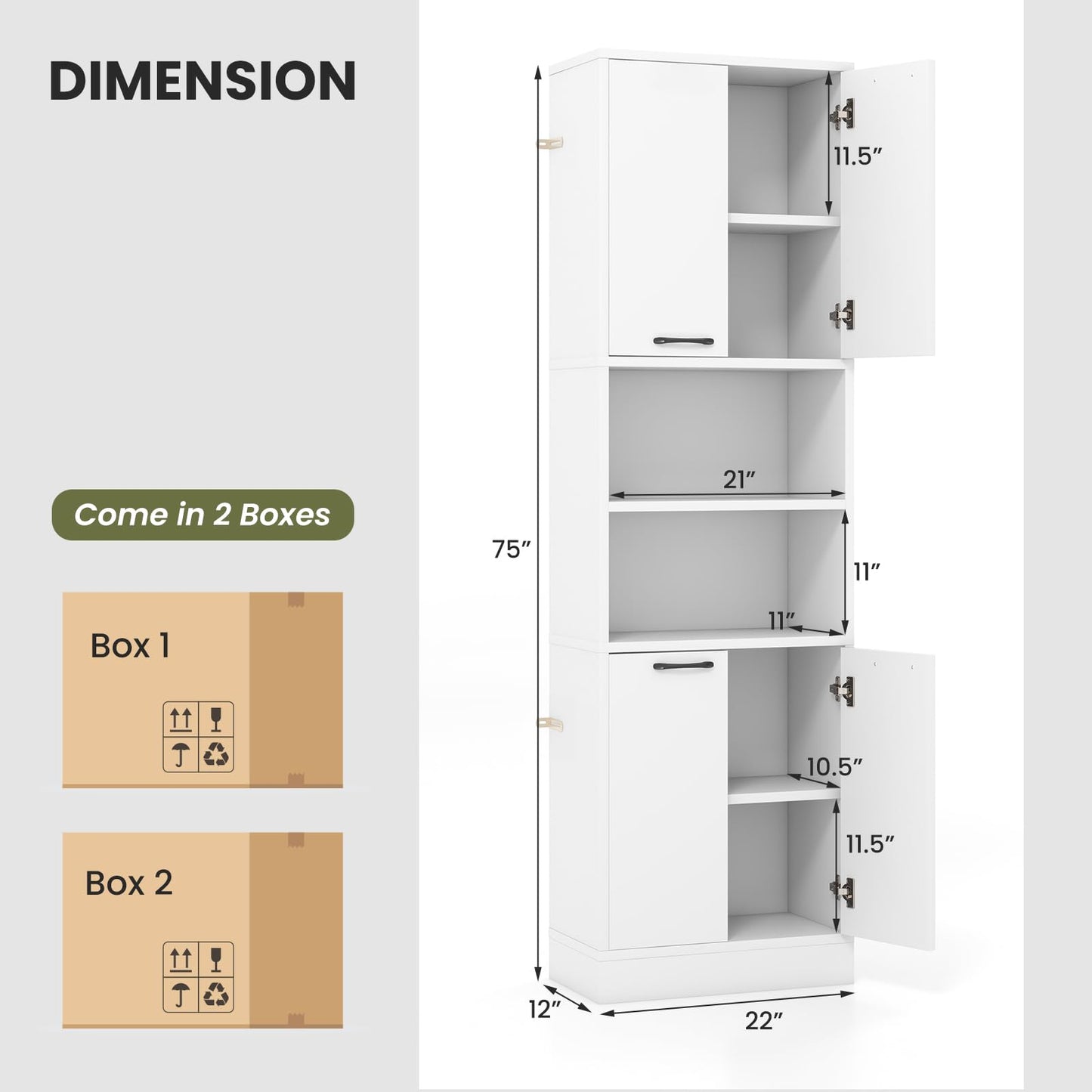 NAFORT Storage Cabinet, 75" Freestanding Tall Cupboard with Shelves, Anti-toppling Devices & Non-Slip Foot Pads, Modern Slim Cabinet for Indoor Space