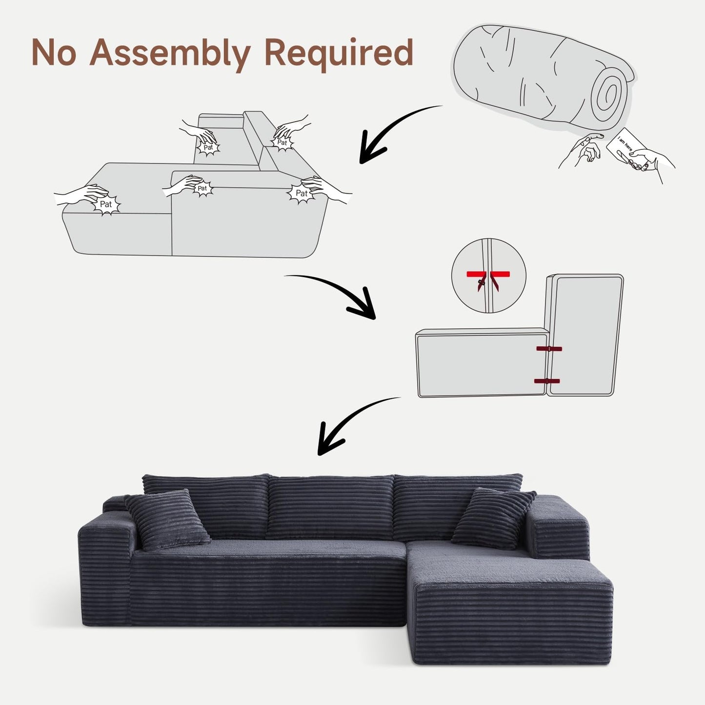 Trygoal 103” L Shaped Boneless Couch Cloud Modular Sectional Sofa, Memory Foam 3 Seater Couch with Oversized Chaise, Comfy Deep Seat Living Room Furniture Set, No Assembly, Dark Grey