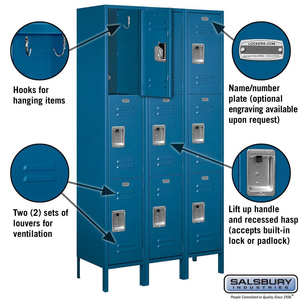Salsbury Industries 53365BL-U Triple Tier 45-Inch Wide 6-Feet High 15-Inch Deep Unassembled Extra Wide Standard Metal Locker, Blue